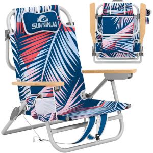 imageSUN NINJA Beach Chair  Folding Chair for Beach with 5 Reclining Positions Cup ampamp Phone Holder Insulated Back Storage Pouch Portable Lightweight Aluminum Frame  Palm Tree 1pc