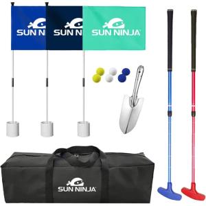 imageSUN NINJA Beach Golf Set for Low Tide Play Portable ampamp Easy To Set Up Mini Golf with 2 Adjustable Putters 3 Cups and Flags 6 Golf Balls a Carry Bag ampamp Shovel