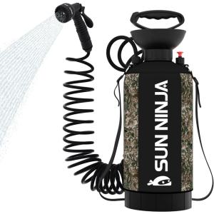 imageSUN NINJA Portable Shower 21Gal Camping Shower with 7 Mode Shower Head Neoprene Cover Help Keeps Water Warm High Pressure Hose Easy to Carry Camo