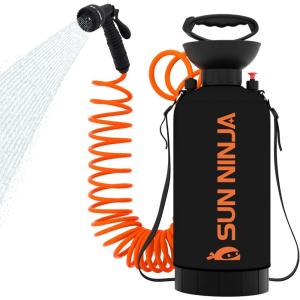 imageSUN NINJA Portable Shower 21Gal Camping Shower with 7 Mode Shower Head Neoprene Cover Helps Keep Water Warm High Pressure Hose Easy to Carry Black and Orange
