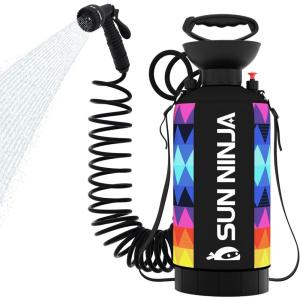imageSUN NINJA Portable Shower 21Gal Camping Shower with 7 Mode Shower Head Neoprene Cover Helps Keep Water Warm High Pressure Hose Easy to Carry MultiColor