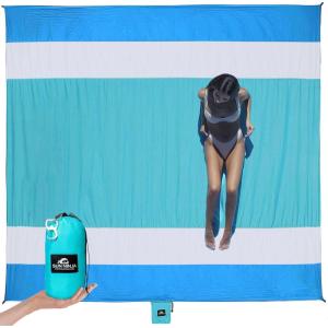 imageSUN NINJA SandFree Beach Blanket  10ft X 9ft Lightweight Outdoor Blanket with Storage Bottle Opener Carabiner Shoulder Strap Corner Sand Pockets ampamp 4 StakesBlue