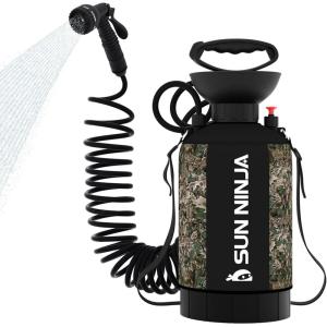imageSUN NINJA Portable Shower Camping Shower with 7 Mode Shower Head Neoprene Cover Helps Keep Water Warm High Pressure Hose Easy to CarryCamo